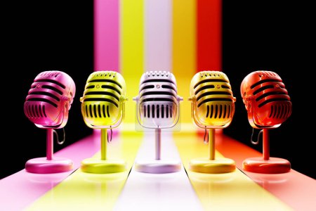 Téléchargez les photos : Microphone rétro multicolore isolé sur fond noir. style minimal. rendu 3D - en image libre de droit