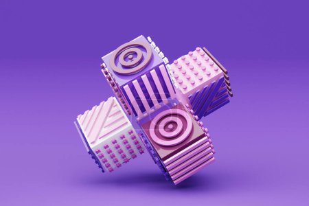 Photo for 3D illustration, abstract shape illusion of various squares with patterns, isometric abstract shapes, intertwining colorful shapes - Royalty Free Image