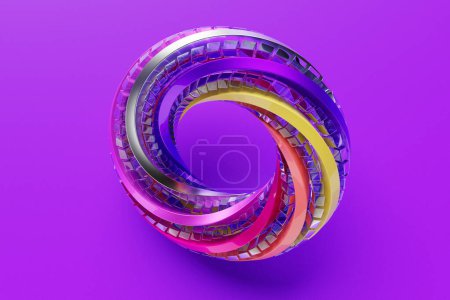 Futuristic neon colorful torus donut. 3D rendering,  torus geometry shape in   purple background
