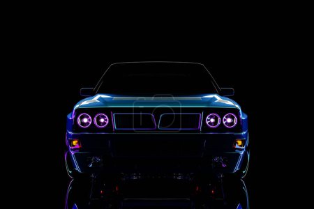 Original 3D illustration of an American muscle car in retro neon style under blue light.