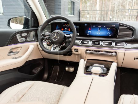Photo for Novosibirsk, Russia - February  29 , 2024:  Mercedes-Benz GLE , Salon of a new stylish car, view from the passenger side. Auto interior: driver's seat in  white  leathe - Royalty Free Image