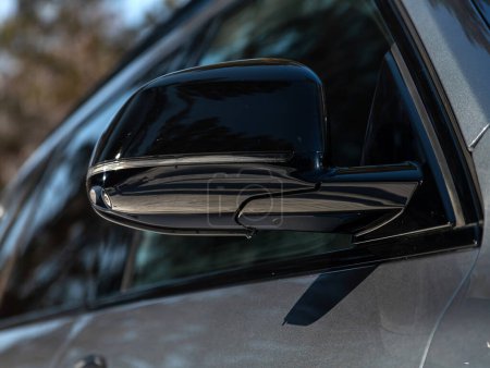 Photo for Novosibirsk, Russia - March  13 , 2024:  BMW X7, Side mirror of a  black car close-up. Exterior detail - Royalty Free Image