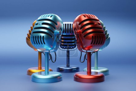 Téléchargez les photos : Microphone rétro multicolore isolé sur fond bleu. style minimal. rendu 3D - en image libre de droit