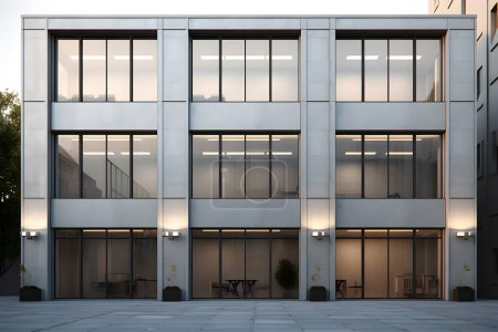 Una fachada minimalista de un edificio moderno con un patrón geométrico de estructuras grises, generadas por la IA. Ilustración 3D