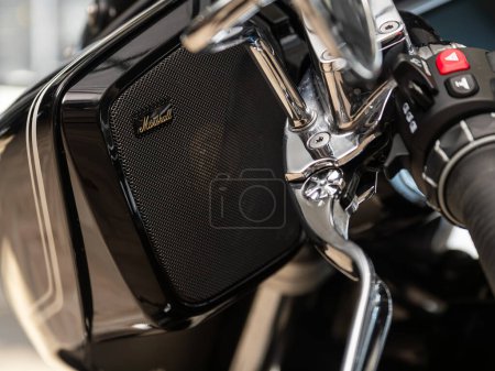 Photo for Novosibirsk, Russia - March  13 , 2024:  BMW  R18, close-up of a speaker Marshall on a motorcycle - Royalty Free Image