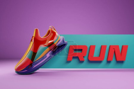 Photo for 3d illustration of  colorful new sports sneakers on a huge foam sole with the inscription run, sneakers in ugly style. Fashionable sneakers. - Royalty Free Image