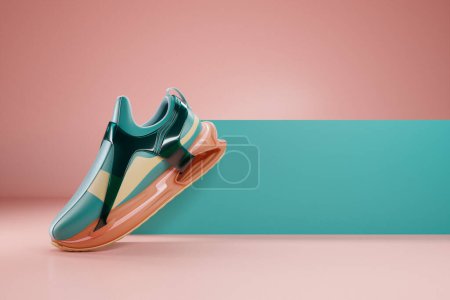 Foto de 3d ilustración de zapatillas de deporte de colores con suelas de espuma y cierre bajo color neón sobre un fondo rosa. Zapatillas vista lateral. Zapatillas de deporte de moda. - Imagen libre de derechos