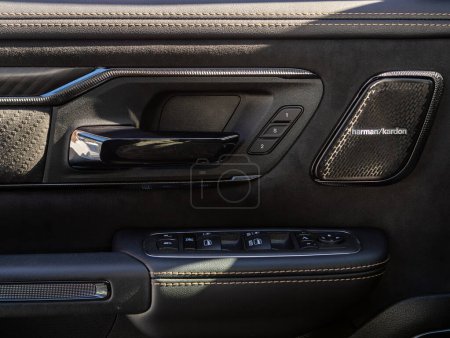 Téléchargez les photos : Novossibirsk, Russie - mars 22, 2024 : Dodge Ram Trx, close-up of seat setting buttons on car panel, no trade mark - en image libre de droit