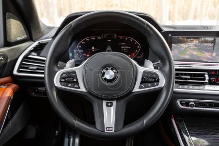 Photo for Novosibirsk, Russia - March  23 , 2024:  black  BMW X7 ,  cockpit interior cabin details, speedometer and tachometer. Black leather interior. - Royalty Free Image