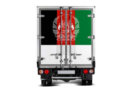 Photo for A truck with the national flag of Afghanistan  depicted on the tailgate drives against a white background. Concept of export-import, transportation, national delivery of goods - Royalty Free Image