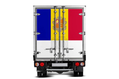 A truck with the national flag of  Andorra depicted on the tailgate drives against a white background. Concept of export-import, transportation, national delivery of goods