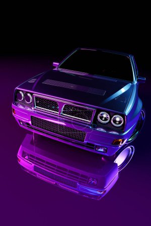 Voiture futuriste dans un style rétro sur fond néon. Une puissante voiture de dessin animé avec des lumières colorées et des pistes. Illustration 3d