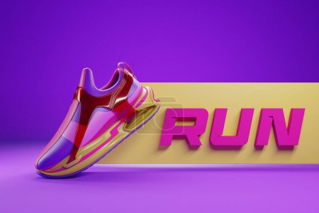 Photo for 3d illustration of colorful  new sports sneakers on a huge colorful foam sole on a purple  isolated background, sneakers with the phrase run. Fashionable sneakers. - Royalty Free Image