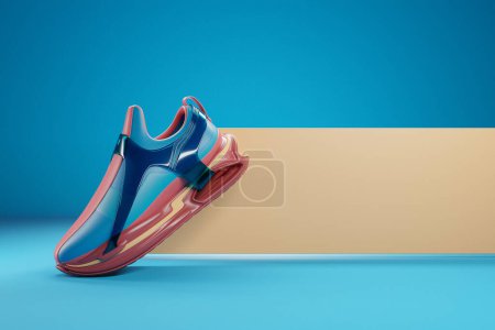 Photo for 3d illustration of   colorful   sneakers with foam soles and closure  on a  blue background. Sneakers side view. Fashionable sneakers. - Royalty Free Image