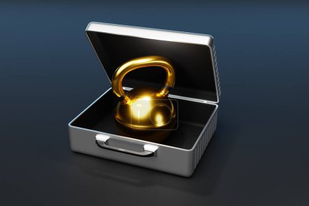 Téléchargez les photos : Illustration 3D d'un poids en métal doré dans un boîtier en argent sur fond noir. Concept sportif - en image libre de droit