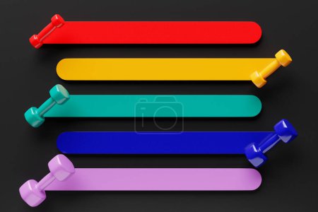 Photo for Mockup with multi-colored fields for advertising text with multi-colored dumbbells. Sports concept - Royalty Free Image