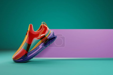 Foto de Brillantes zapatillas unisex deportivas en lona de colores con suelas altas. ilustración 3d - Imagen libre de derechos