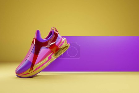 Foto de Zapatillas coloridas con un estampado brillante en una suela alta aislada sobre un fondo amarillo. Renderizado 3D - Imagen libre de derechos