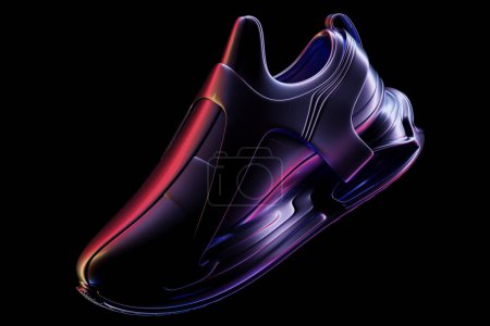 Foto de Zapatillas coloridas con un estampado brillante en una suela alta aislada sobre un fondo negro. Renderizado 3D - Imagen libre de derechos