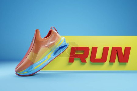 Photo for 3d illustration of colorful  new sports sneakers on a huge colorful foam sole on a purple  isolated background, sneakers with the phrase run. Fashionable sneakers. - Royalty Free Image