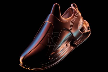 Téléchargez les photos : Illustration 3D de nouvelles baskets de sport colorées sur une énorme semelle en mousse colorée sur un fond isolé noir. Baskets tendance. - en image libre de droit