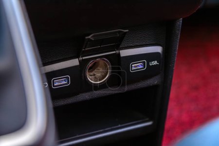 Photo for Novosibirsk, Russia - March   18, 2024 :  Hyundai Staria,  Close up of a charging in the car,  usb connector . modern car interior - Royalty Free Image