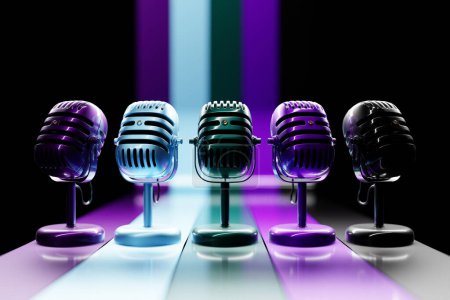 Foto de Coloridos micrófonos retro de metal sobre un fondo negro, vista de cerca. Espectáculo en vivo, grabación de música, ilustración 3d - Imagen libre de derechos