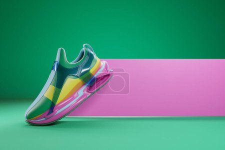 Foto de Brillantes zapatillas unisex deportivas en lona de colores con suelas altas. ilustración 3d - Imagen libre de derechos