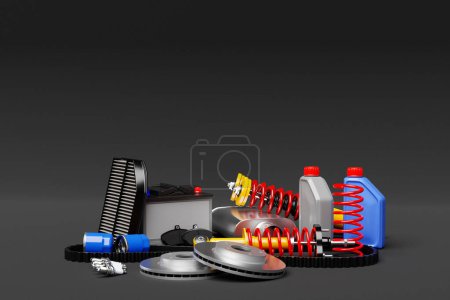 Photo for 3d illustration of auto parts car shock absorber, oil canister, fuel and air filters on black  isolated background. Car Repair Parts - Royalty Free Image