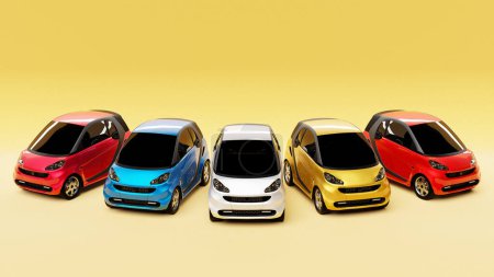 Photo for 3D illustration of cute children's car models on a  yellow background. Hatchback illustration in cartoon style - Royalty Free Image