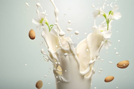 Foto de Primer plano de salpicaduras de leche con almendras voladoras sobre un fondo claro, creado por ai. Ilustración 3D - Imagen libre de derechos