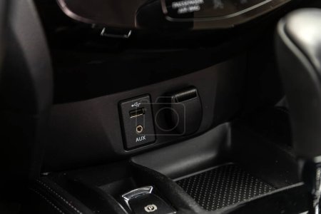 Novosibirsk, Russia -  April 04 , 2024:  Nissan Qashqai,   USB and aux  port in the car panel