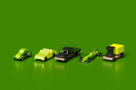 3D-Illustration bunte Modelle von Kinderautos verschiedener Rennsportarten, LKW, Pickups