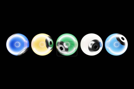 Primer plano 3d colorido ilustración. Fila de las esferas de colores se colocan a la misma distancia. Formas geométricas simples volando