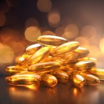 Fish oil capsules isolated on blurred background, generated by AI. 