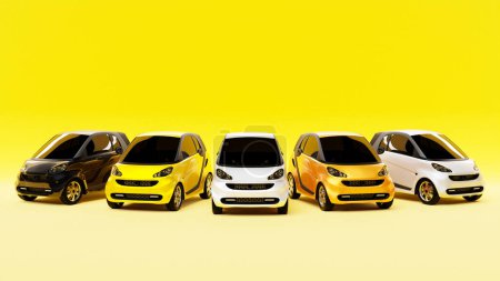 Téléchargez les photos : Illustration 3D de modèles de voitures pour enfants mignons sur fond jaune. Illustration à hayon dans le style dessin animé - en image libre de droit