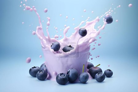 Téléchargez les photos : Gros plan généré par l'IA sur des éclaboussures de lait et des bleuets volants sur un fond violet. Illustration 3D générée par l'IA. - en image libre de droit