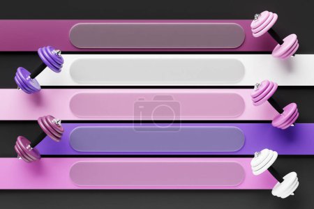 Téléchargez les photos : Illustration 3D d'haltères multicolores sur bandes vierges pour votre design sur fond noir. Équipement de fitness et de sport - en image libre de droit