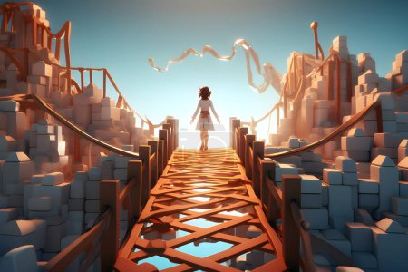 Photo for Girl computer game character stands on a rope bridge to meet adventures, generated by AI; 3D illustration - Royalty Free Image
