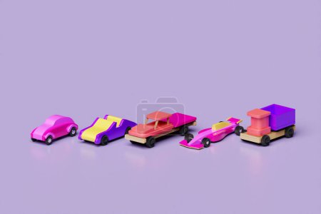 Photo for 3d illustration colorful models of children's cars of various types racing, trucks, pickups - Royalty Free Image