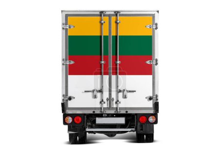 Photo for A truck with the national flag of  Lithuania depicted on the tailgate drives against a white background. Concept of export-import, transportation, national delivery of goods - Royalty Free Image