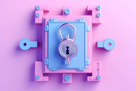 Foto de Cerraduras de metal rosa y azul sobre fondo rosa. Un montón de cerraduras, creado por ai - Imagen libre de derechos