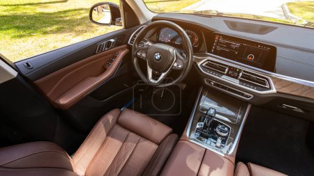 Photo for Novosibirsk, Russia -  May 15, 2024:  BMW X7, Interior view of car with  new  salon. Modern luxury prestige car interior - Royalty Free Image