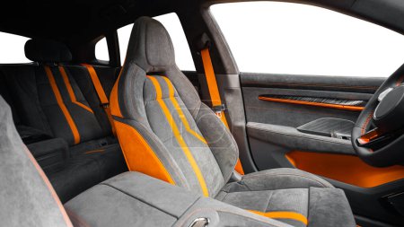 Téléchargez les photos : Gros plan sièges passagers noirs et orange. Intérieur de voiture de luxe - en image libre de droit