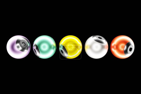 Primer plano 3d colorido ilustración. Fila de las esferas de colores se colocan a la misma distancia. Formas geométricas simples volando
