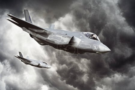 Military aircraft 5th generation advanced F-35 joint strike fighter aircraft's after a successful bombing run. 3d rendering
