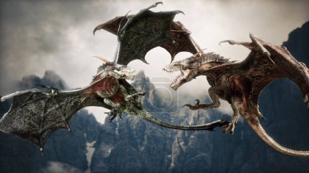 Téléchargez les photos : Deux dragons féroces de Wyvern attaquant pour un territoire au-dessus des anciennes montagnes. Rendu 3d - en image libre de droit
