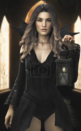 Foto de Retrato de un personaje gótico femenino caucásico en forma sexy que se retrata como una hechicera, vampiro o bruja, que aparece desde sus cámaras del castillo.La mujer tiene el pelo castaño y sostiene una linterna. - Imagen libre de derechos