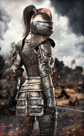Photo for Portrait of a warrior female knight surveying the battlefield. 3d rendering - Royalty Free Image
