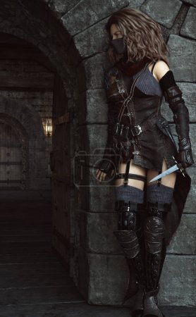 Photo for Mysterious silent rogue assassin female quietly stalking her next target. Fantasy 3d rendering - Royalty Free Image